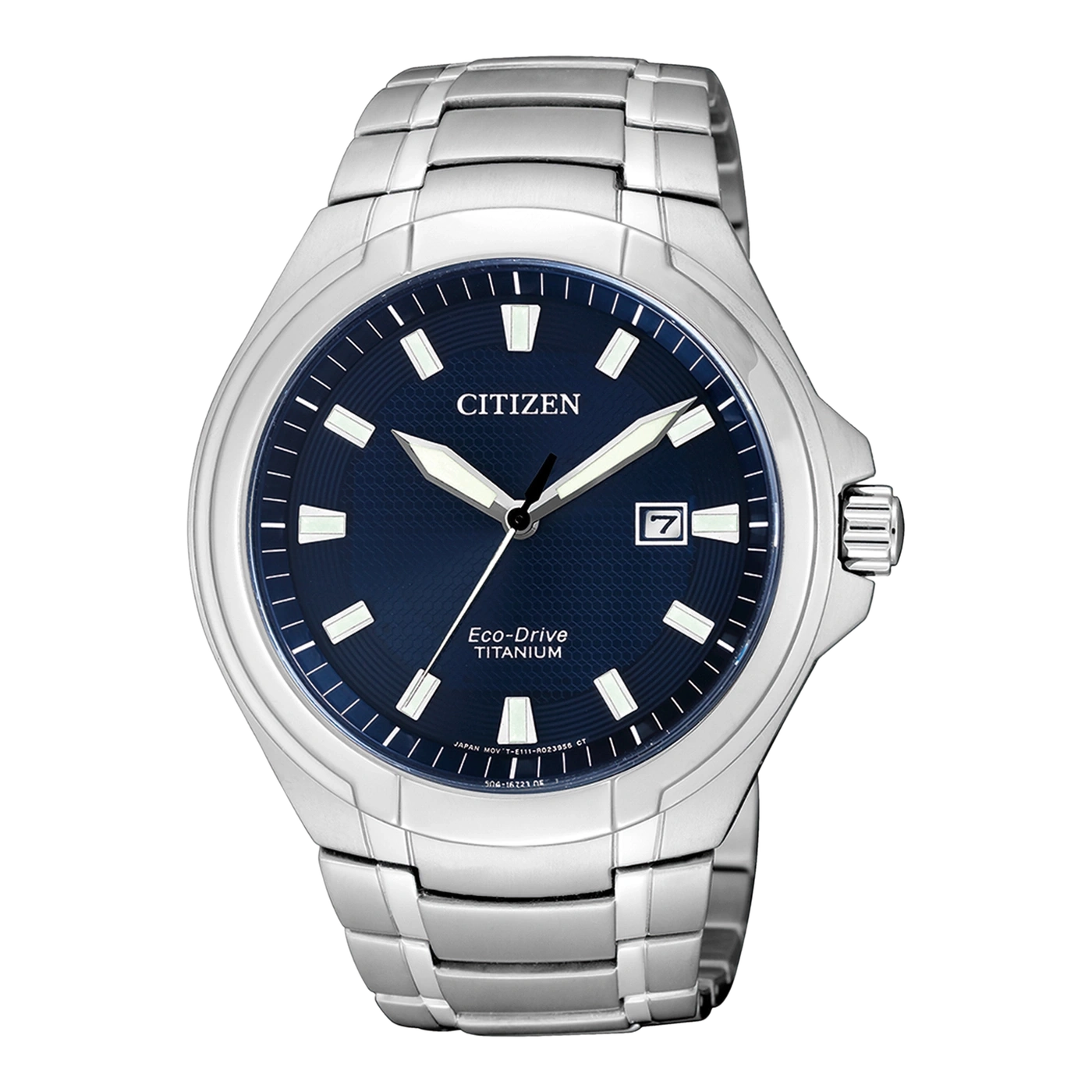 Citizen-Uhr mit blauem Zifferblatt, Titan, Eco-Drive und Datumsanzeige. Stilvoll und modern.