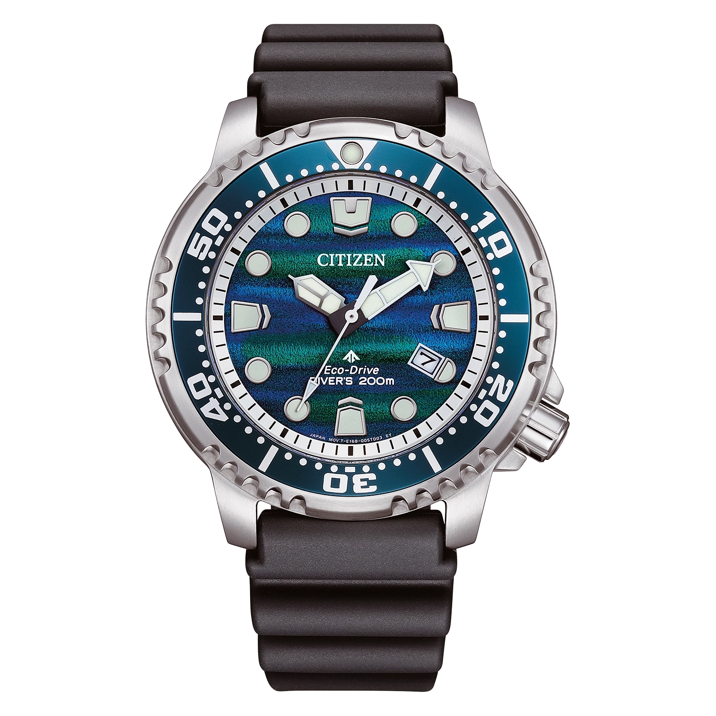 Eine Citizen Eco-Drive Taucheruhr mit blau-grünem Zifferblatt und schwarzem Armband.