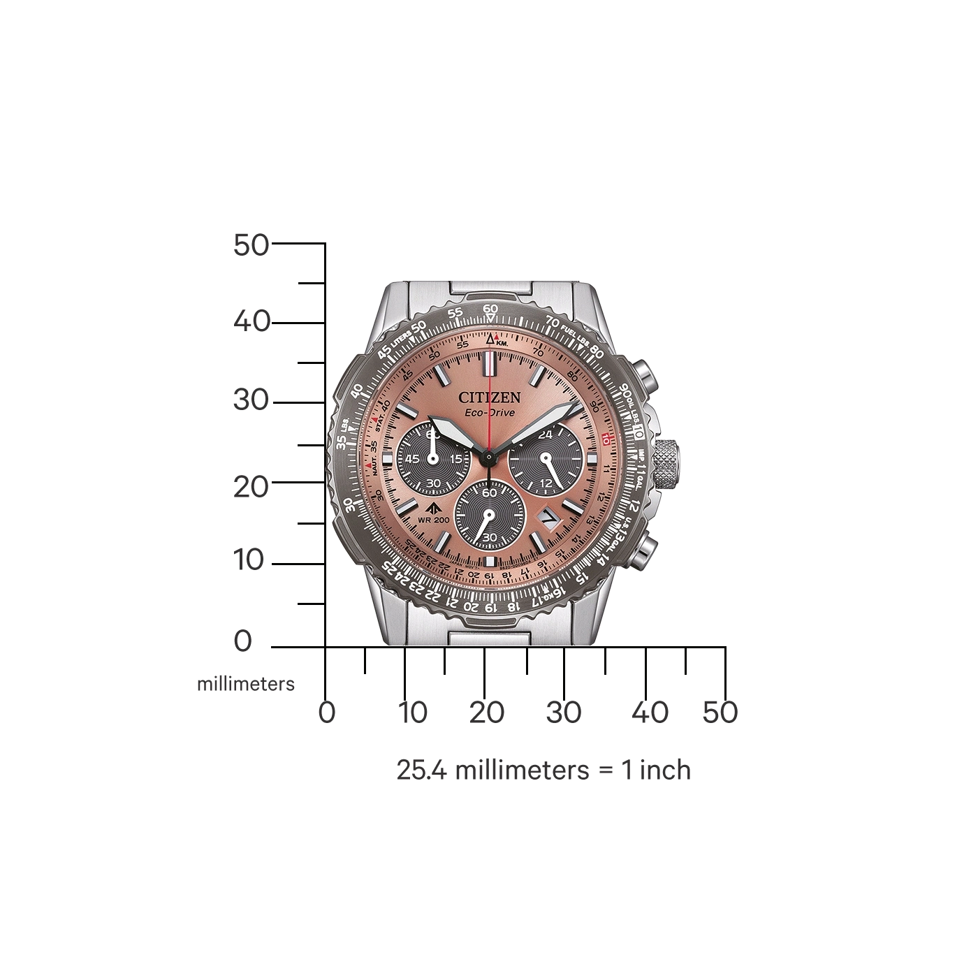 Citizen Eco-Drive Uhr mit roségoldenem Zifferblatt und silbernem Armband, mit Skala.