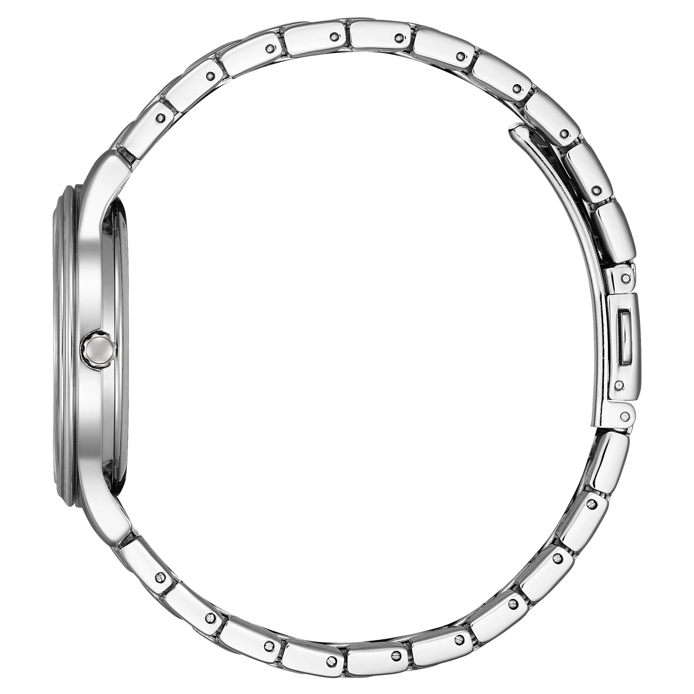 Silberne Uhr mit Metallarmband, Seitenansicht, elegantes Design, glänzend