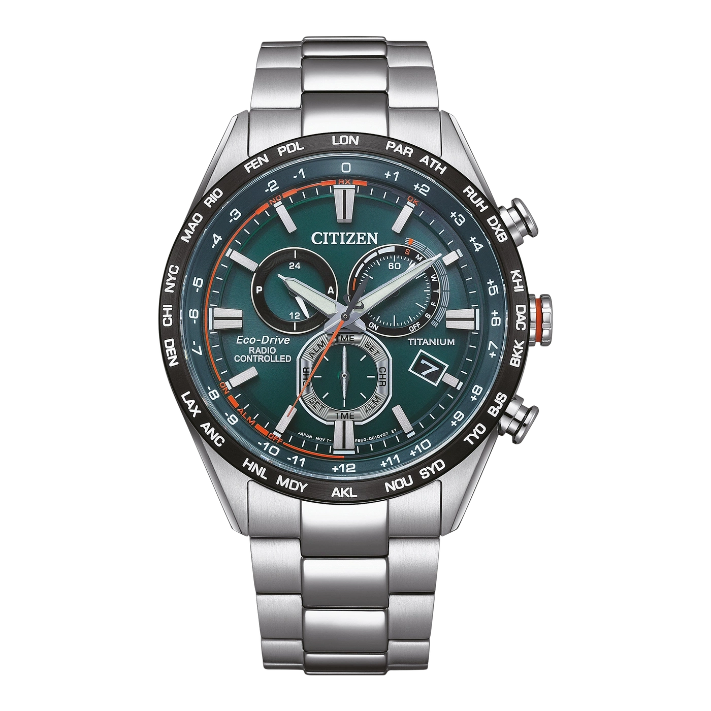 Citizen-Uhr mit grünem Zifferblatt, Titan, funkgesteuert, Weltzeit und Datumsanzeige.