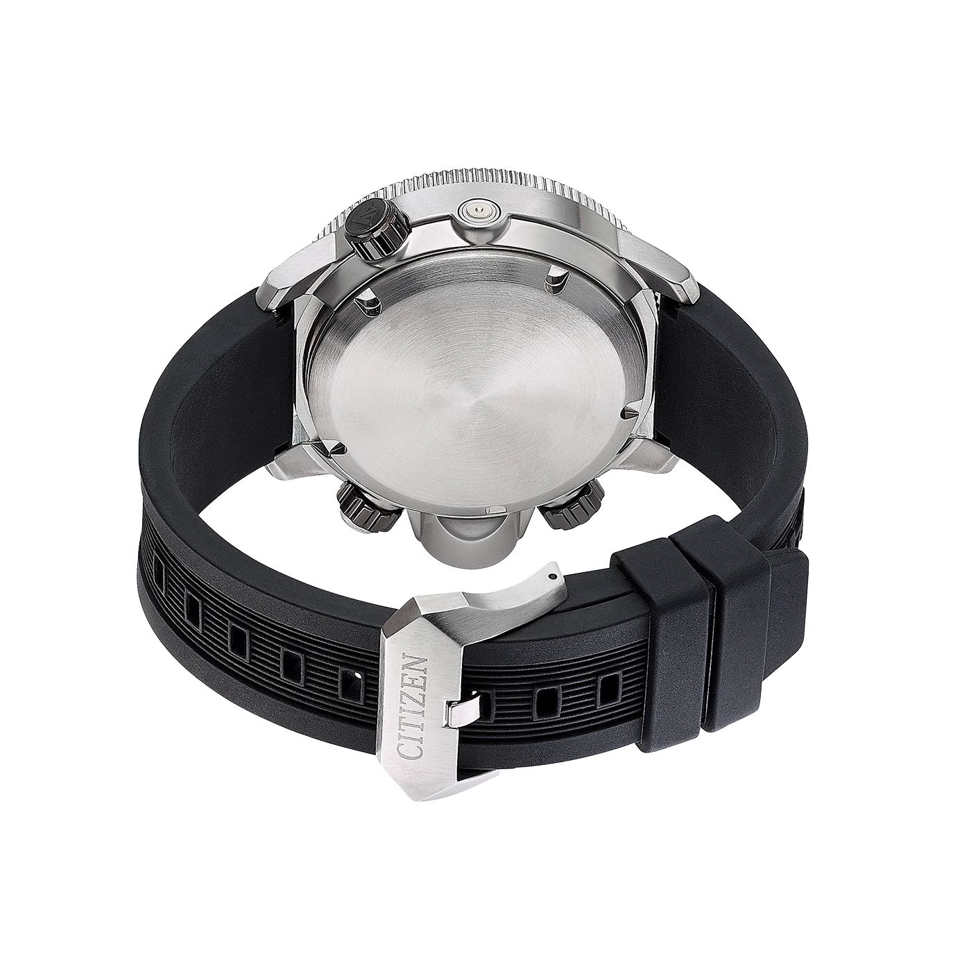 Citizen-Uhr, Rückseite, schwarzes Armband, Edelstahl, Nahaufnahme, Detail, Zeit