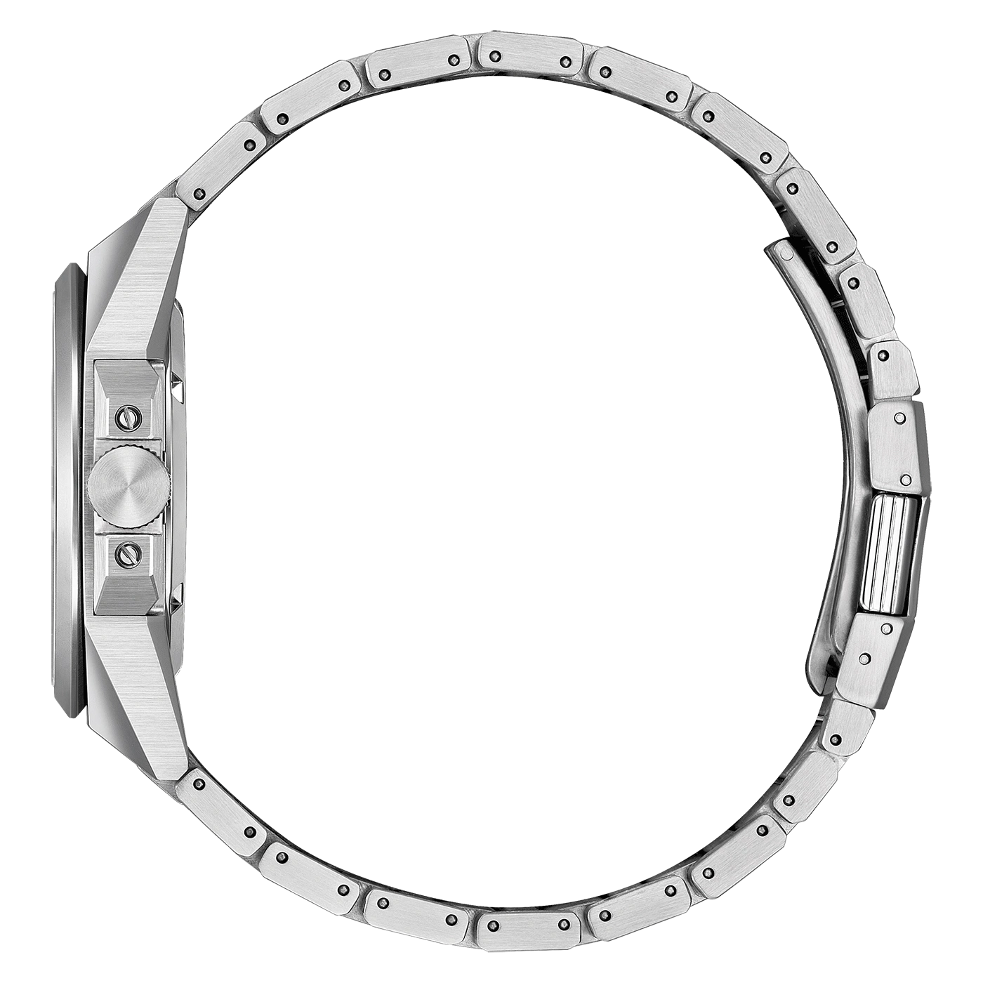 Seitenansicht einer silbernen Uhr mit Metallband, elegantes Design und Stil.