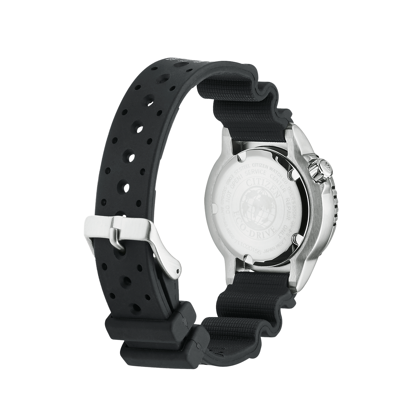 Citizen-Uhr mit schwarzem Armband, Eco-Drive, Taucheruhr, Edelstahlgehäuse, Rückansicht