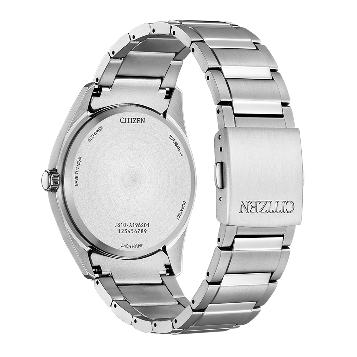 Citizen-Uhrenrückseite, Titan, Eco-Drive, wasserdicht, japanisches Uhrwerk, Duratect.