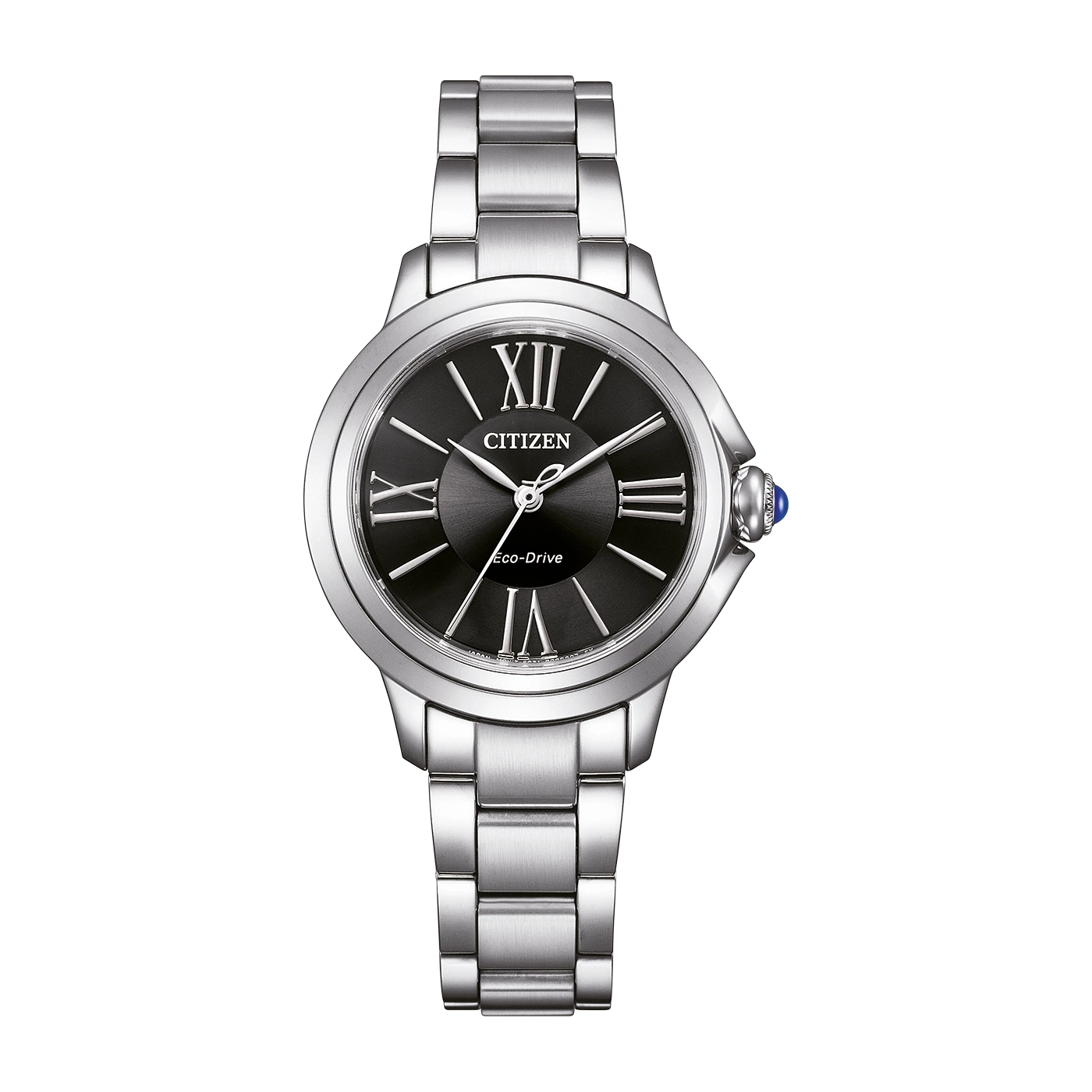 Citizen-Uhr mit schwarzem Zifferblatt und silbernem Armband, elegantes Design.