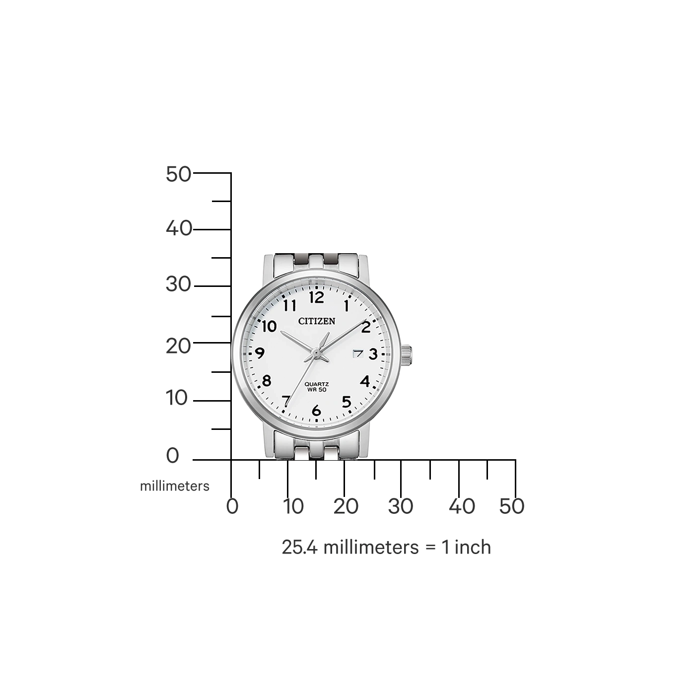 Citizen-Uhr mit weißem Zifferblatt, silbernem Armband und Millimeterskala zum Größenvergleich.