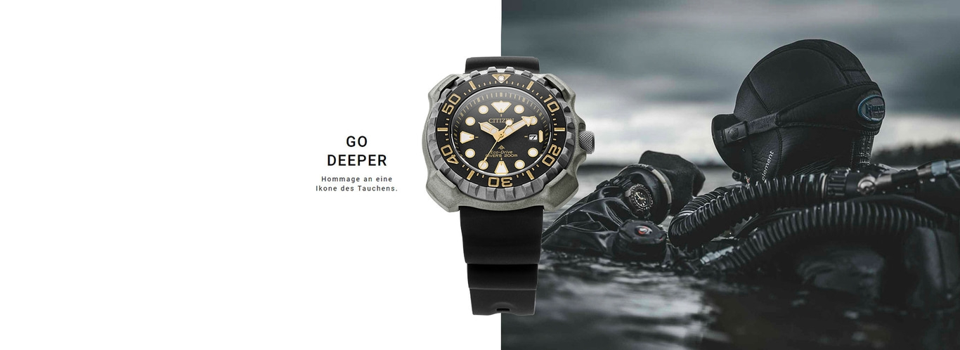 Citizen-Uhr mit Taucher im Wasser. Gehe tiefer. Hommage an eine Ikone des Tauchens.