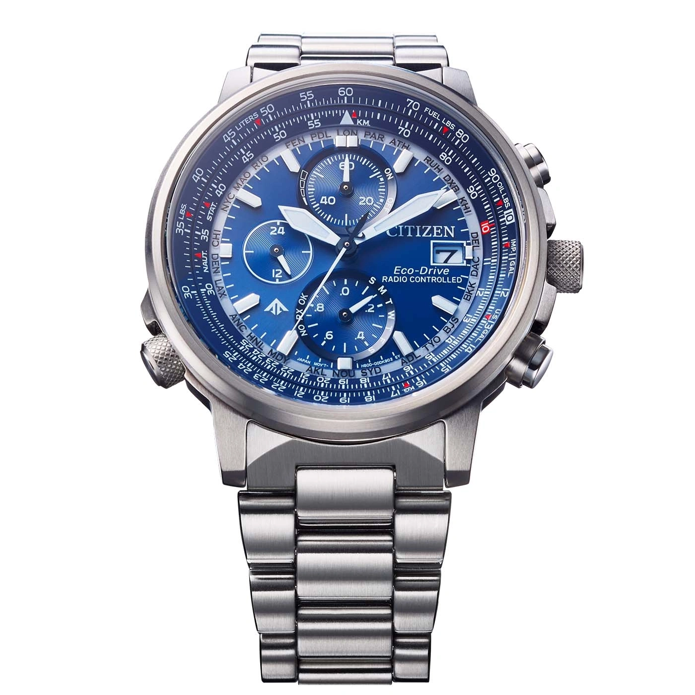 Citizen-Uhr mit blauem Zifferblatt, silbernem Armband und mehreren Zifferblättern für Zeitmessung und Funktionen.
