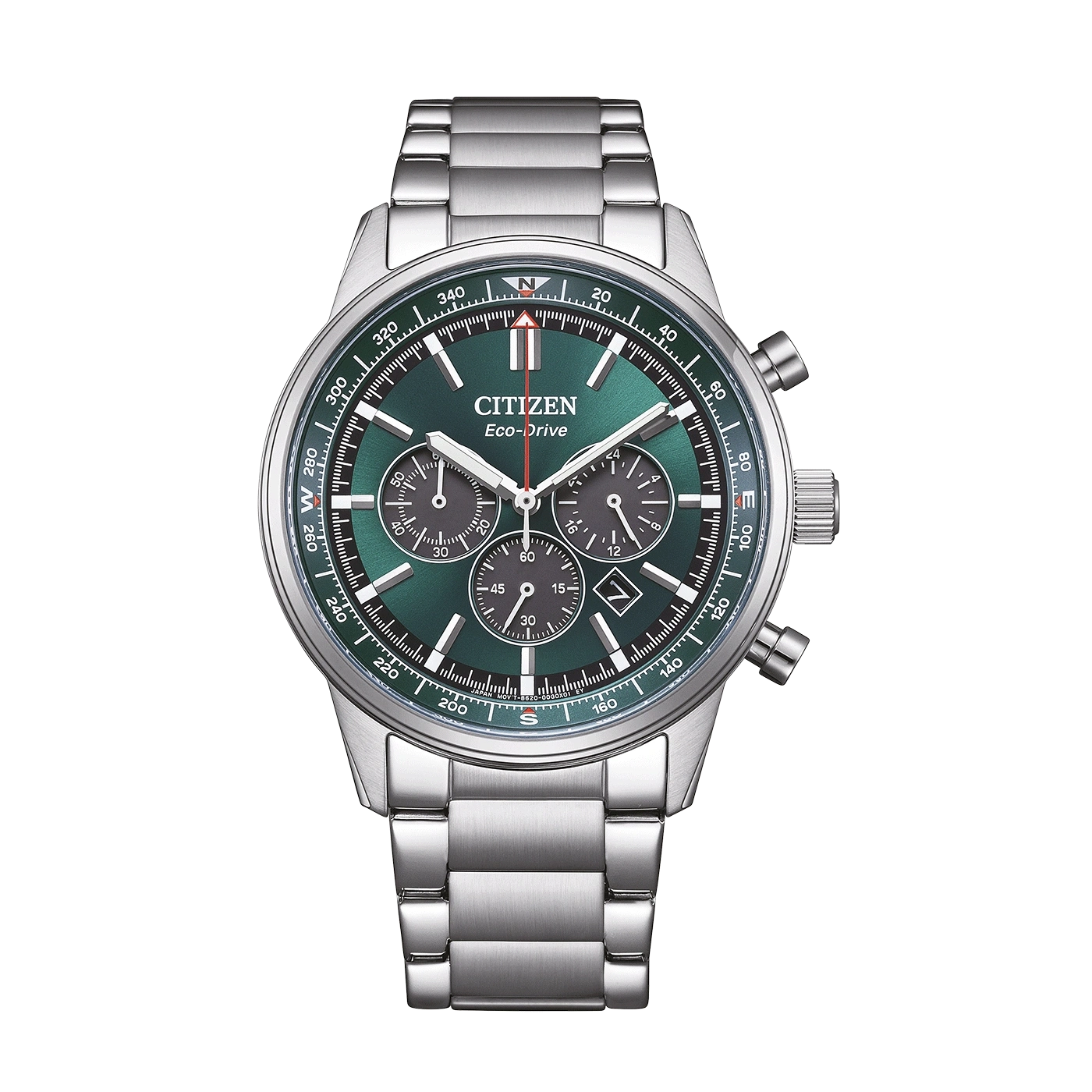Eine grüne Citizen Eco-Drive Chronographenuhr mit Edelstahlarmband.