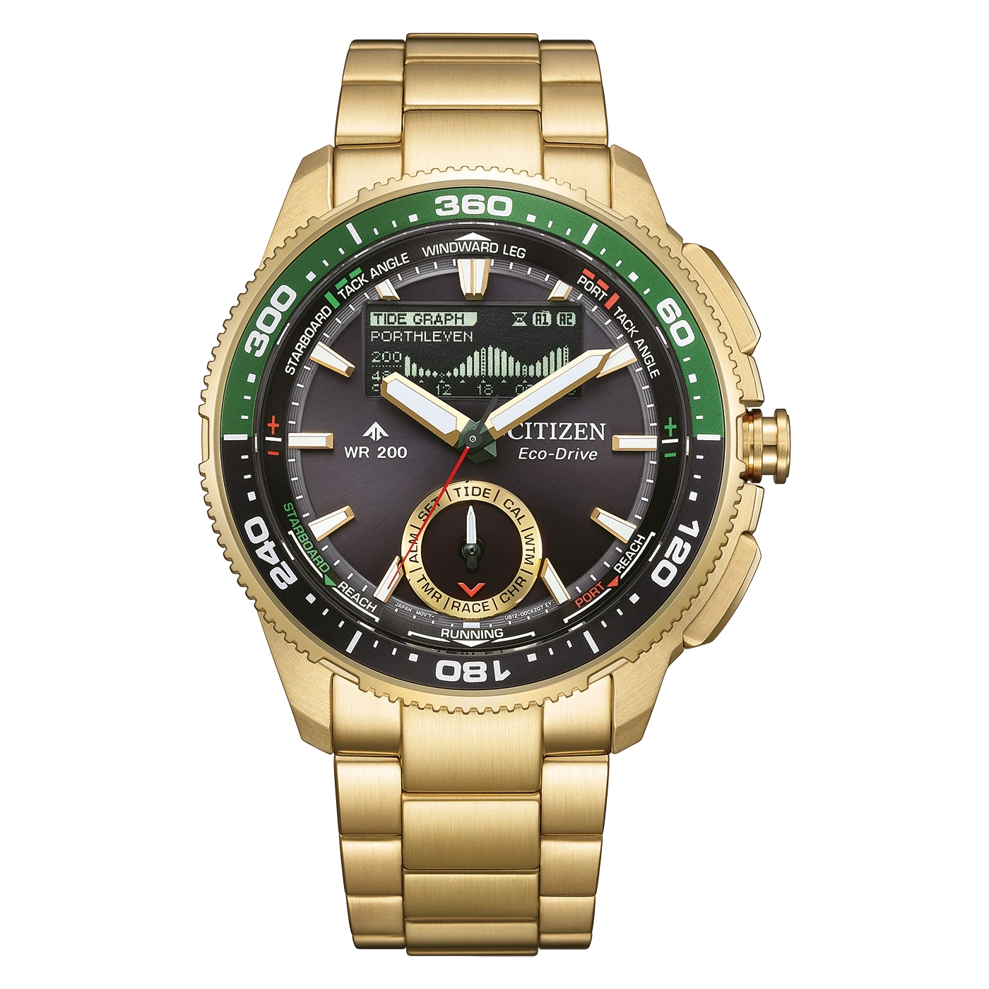 Eine goldene Citizen Eco-Drive Uhr mit schwarzem Zifferblatt und grünen Akzenten.