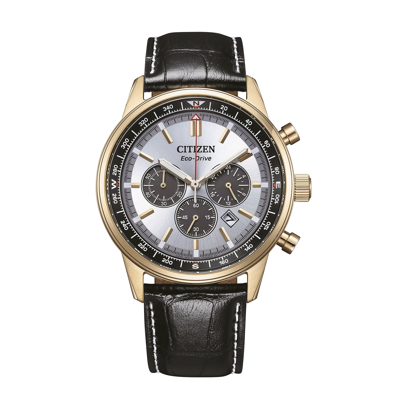 Eine goldene Citizen Eco-Drive Uhr mit schwarzem Lederarmband.