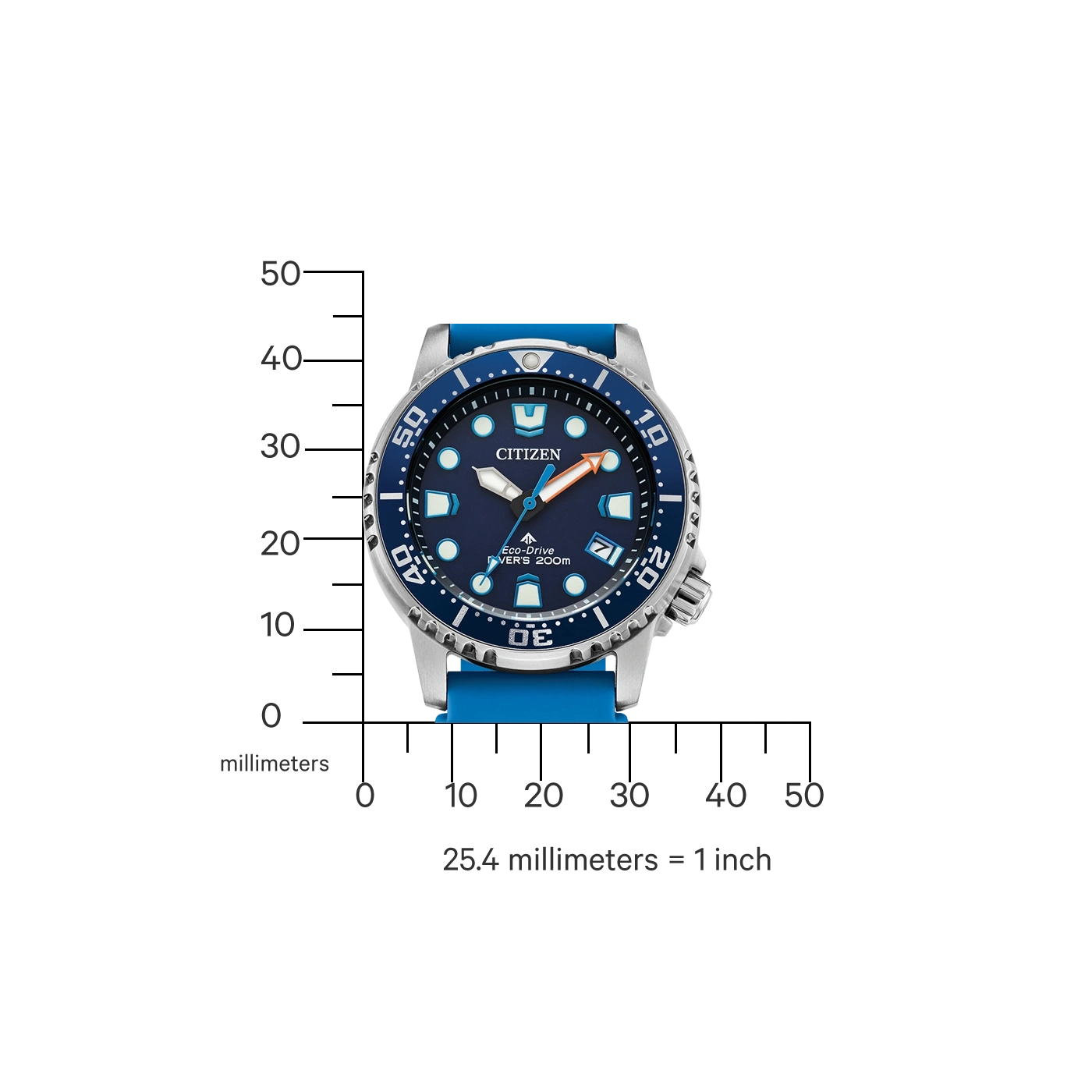Citizen-Uhr mit blauem Armband und Zifferblatt, Messskala in Millimetern.