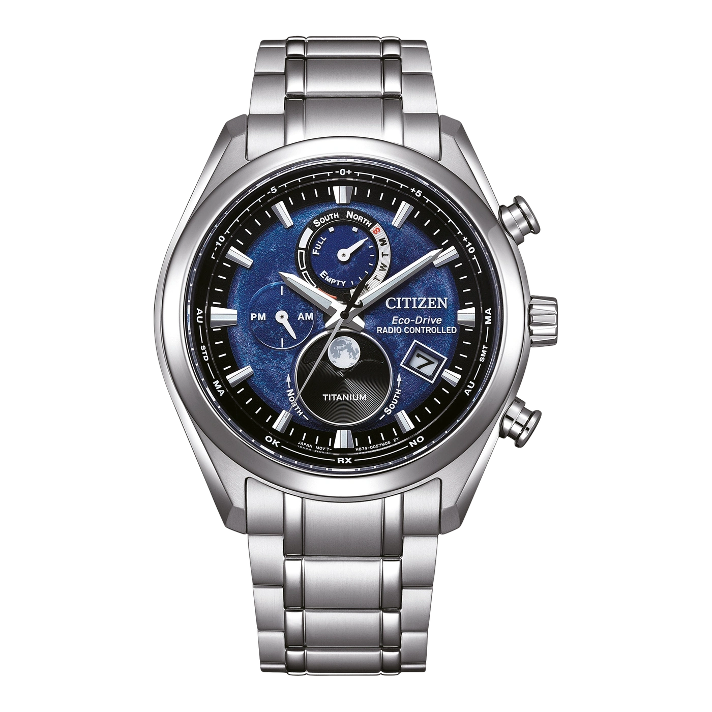 Citizen Eco-Drive Uhr mit blauem Zifferblatt, Titan, funkgesteuert und Datumsanzeige.