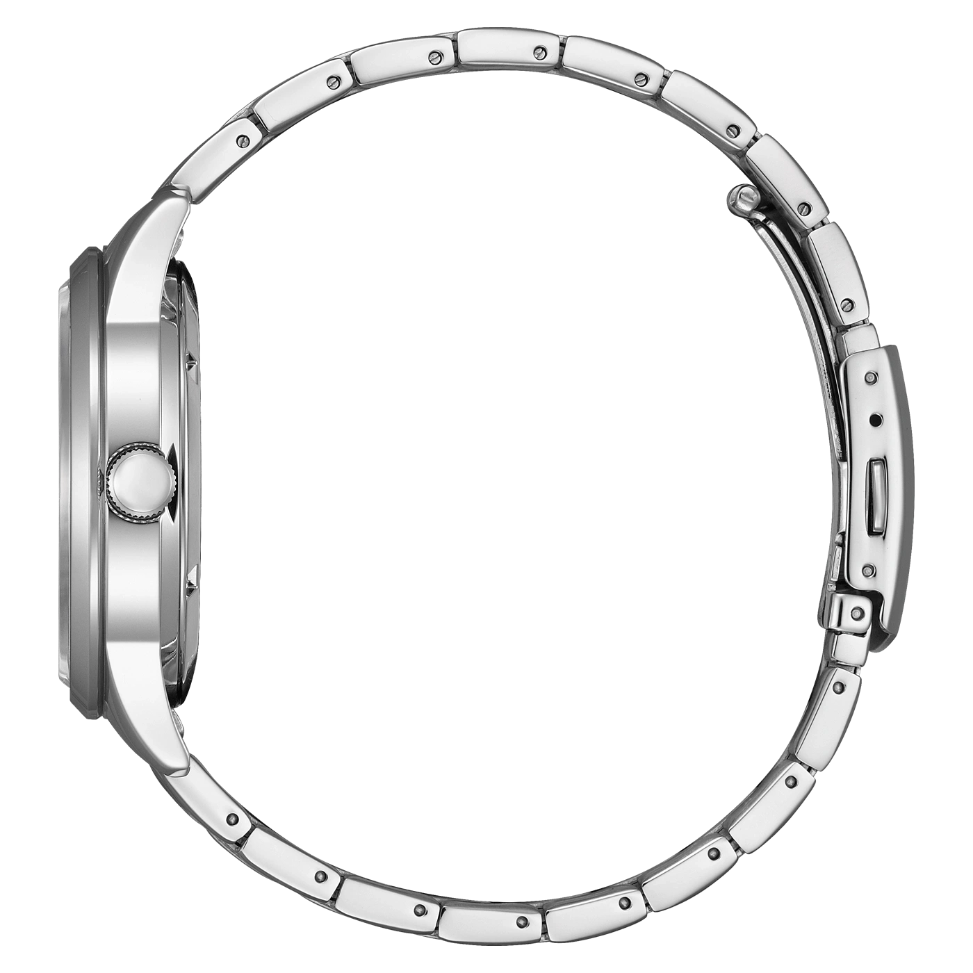 Seitenansicht einer silbernen Armbanduhr mit Metallband, elegantes Design.