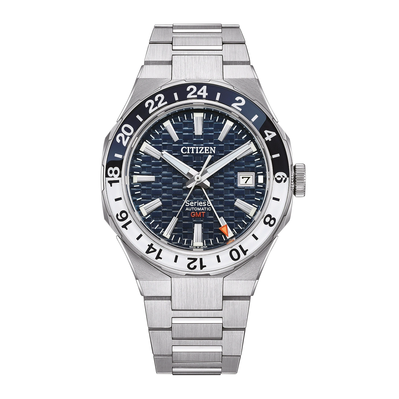 Citizen Series 8 GMT-Uhr mit blauem Zifferblatt und Edelstahlarmband.