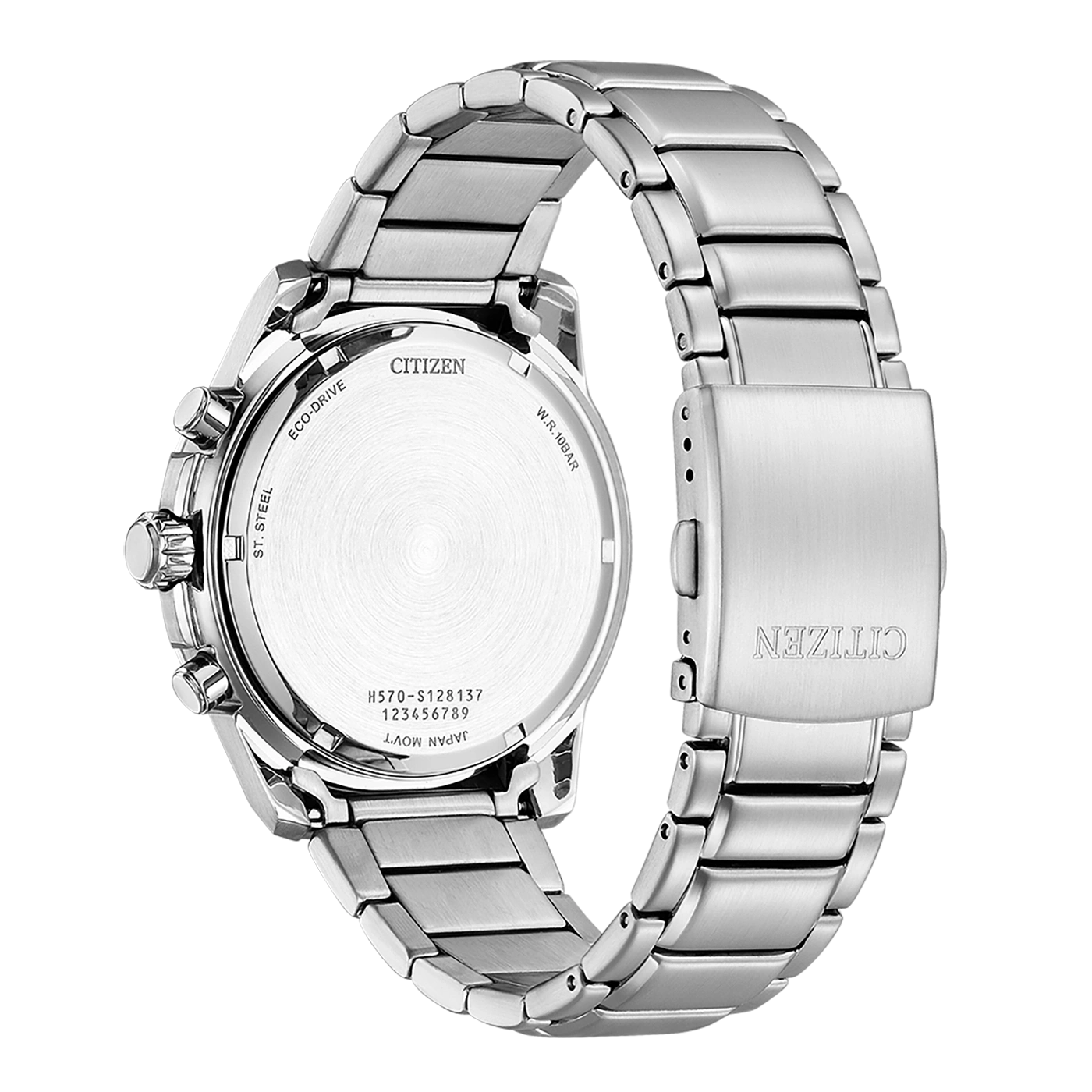 Citizen-Uhrrückseite, Edelstahl, Eco-Drive, W.R. 10BAR, Japan Mov't.