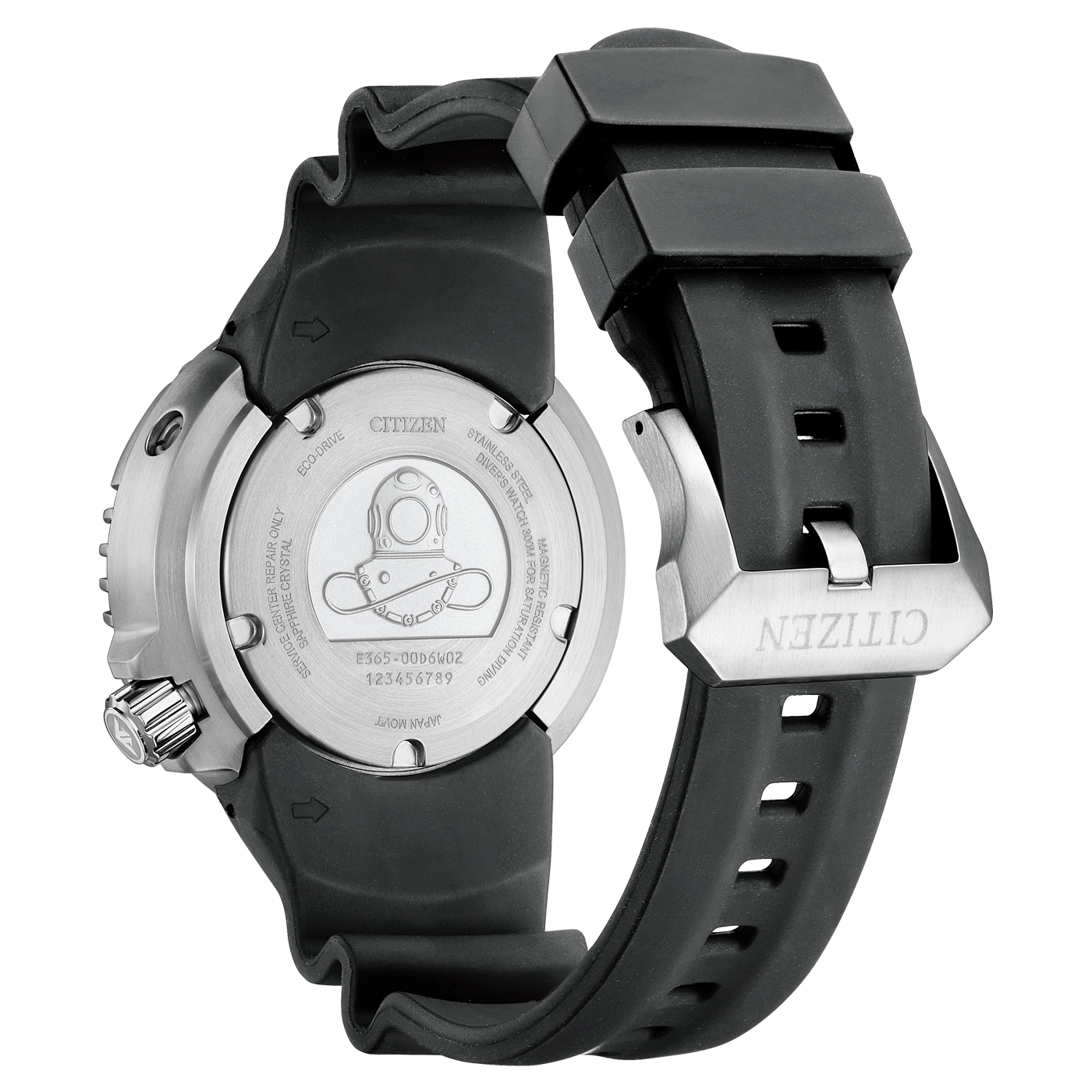 Citizen-Uhrrückseite, Edelstahl, Taucheruhr, schwarzes Armband, Eco-Drive, Saphirkristall