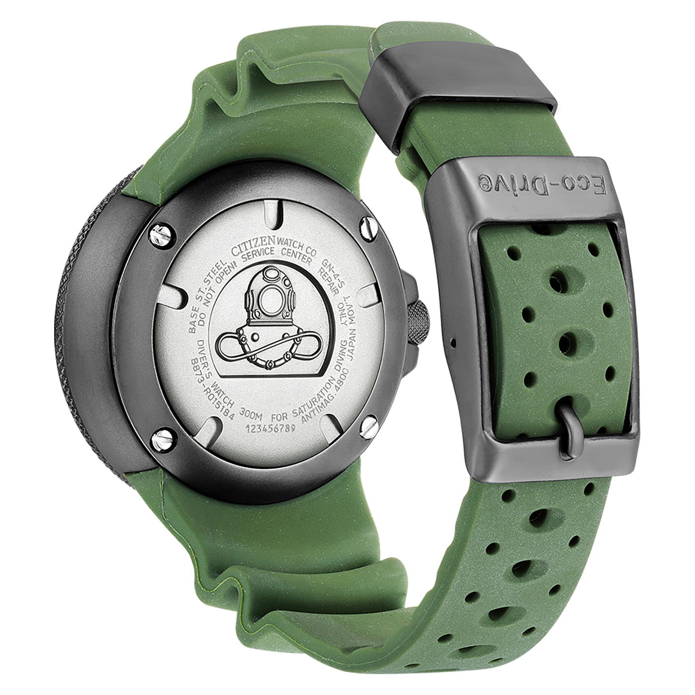 Citizen-Uhrrückseite mit grünem Armband, Eco-Drive, Tauchdetails und Zahlen.