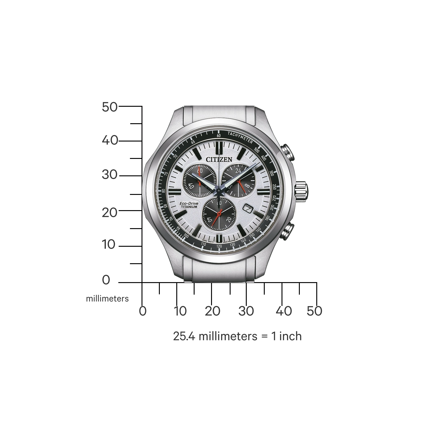 Citizen-Uhr mit Tachymeter, Eco-Drive und Titan-Eigenschaften, gemessen in Millimetern.