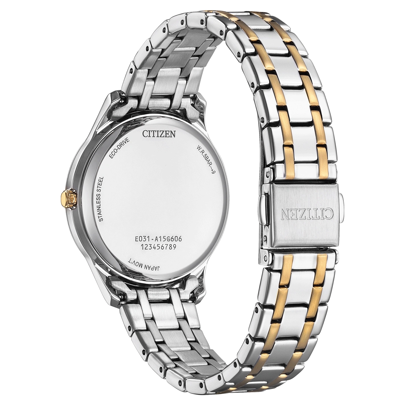 Citizen-Uhrrückseite, Edelstahl, Eco-Drive, japanisches Uhrwerk, goldfarbene Akzente.