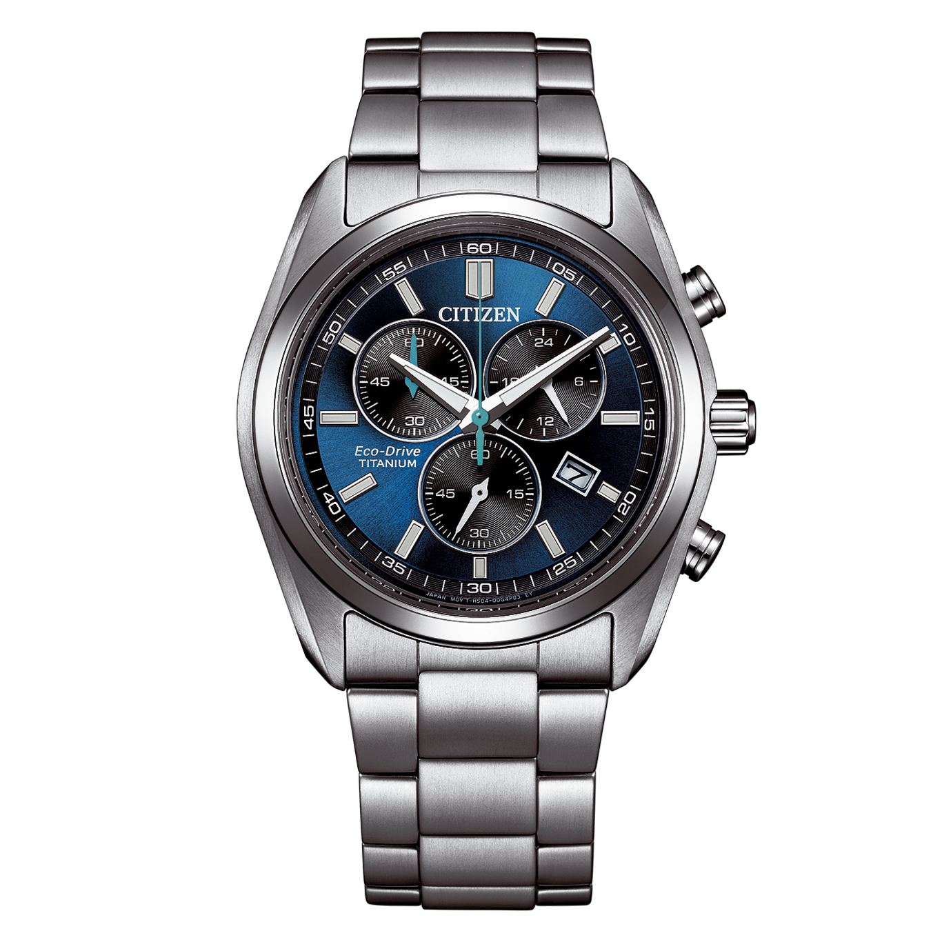 Eine metallische Citizen Eco-Drive Uhr mit blauem Zifferblatt.