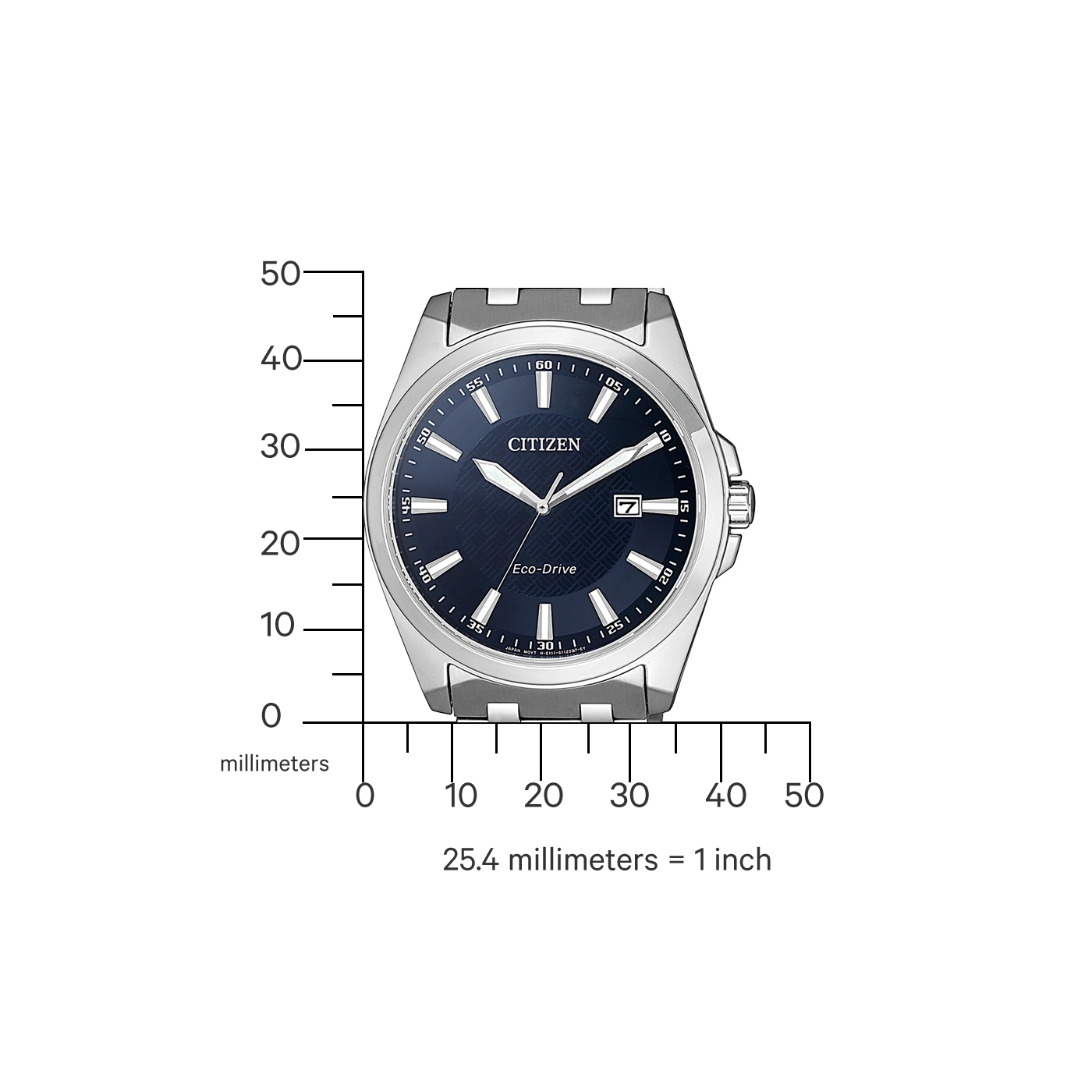 Citizen-Uhr mit blauem Zifferblatt, silbernem Armband und Datumsanzeige.