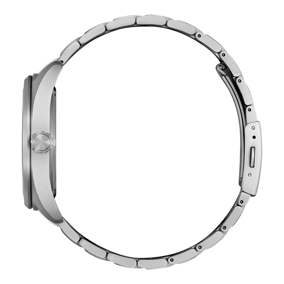 Seitenansicht einer silbernen Armbanduhr mit Metallband und rundem Zifferblatt.