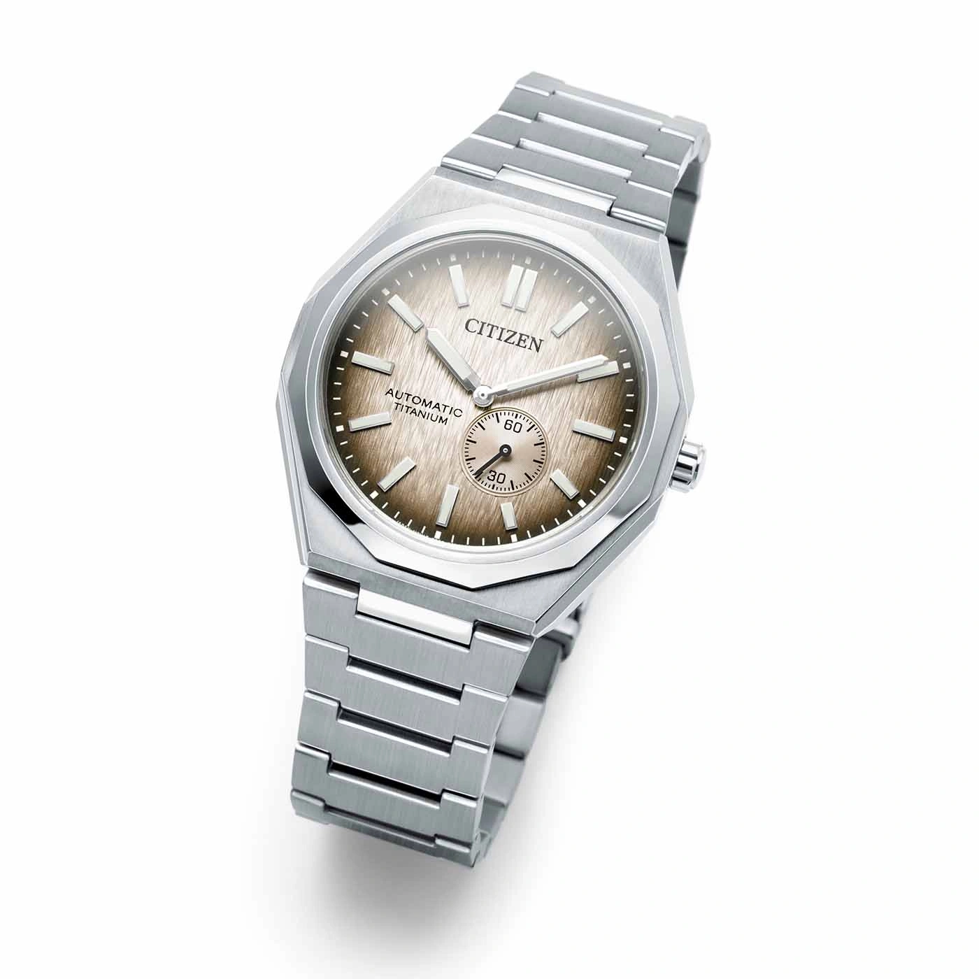 Citizen Uhr, Automatik, Titan, silbernes Armband, braunes Zifferblatt, elegantes Design, Luxus