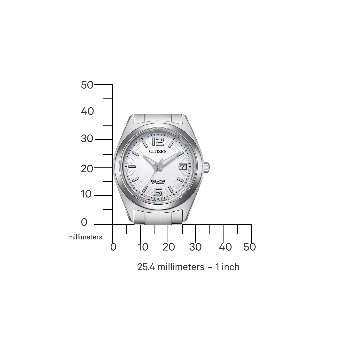 Citizen-Uhr mit weißem Zifferblatt und Titanband, Messskala in Millimetern.