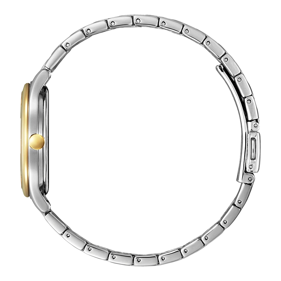 Seitenansicht einer silbernen Uhr mit goldfarbenem Zifferblatt und Armband.