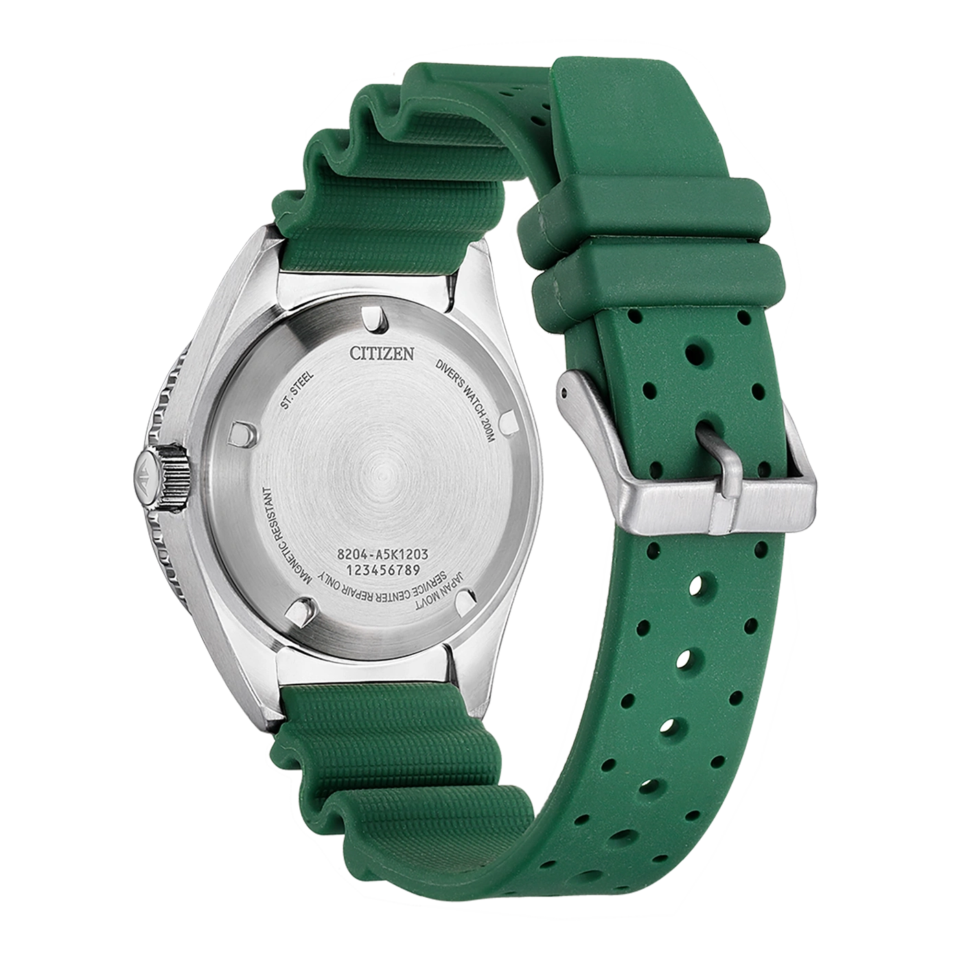 Citizen-Uhr, grünes Armband, Edelstahl, Taucheruhr, Rückansicht, Nahaufnahme