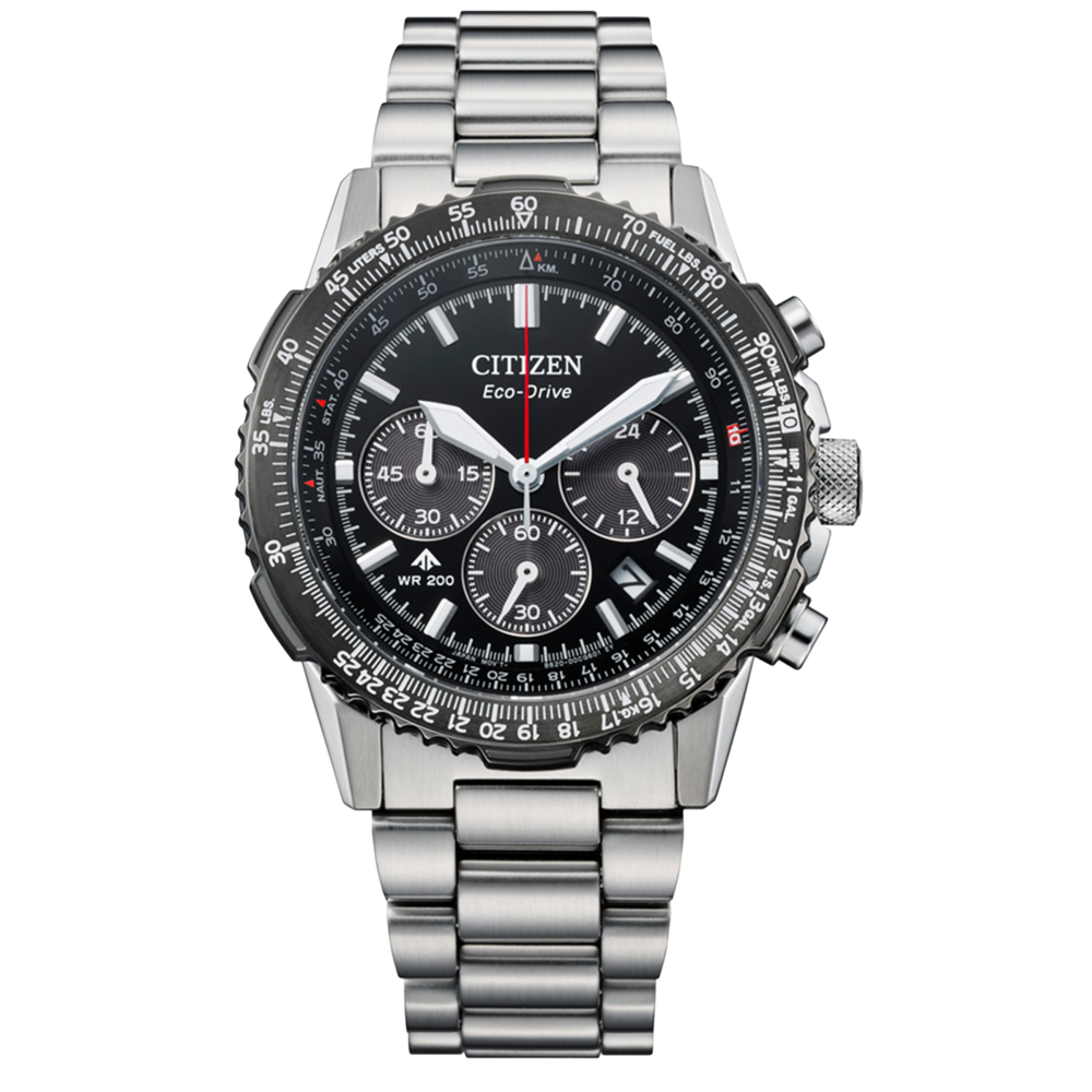 Eine Citizen Eco-Drive Uhr mit schwarzem Zifferblatt und Metallarmband.