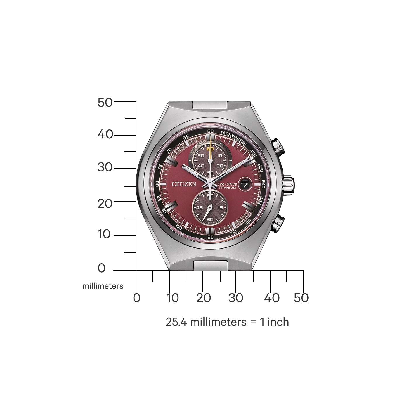 Citizen-Uhr mit rotem Zifferblatt, Tachymeter und Titan Eco-Drive.