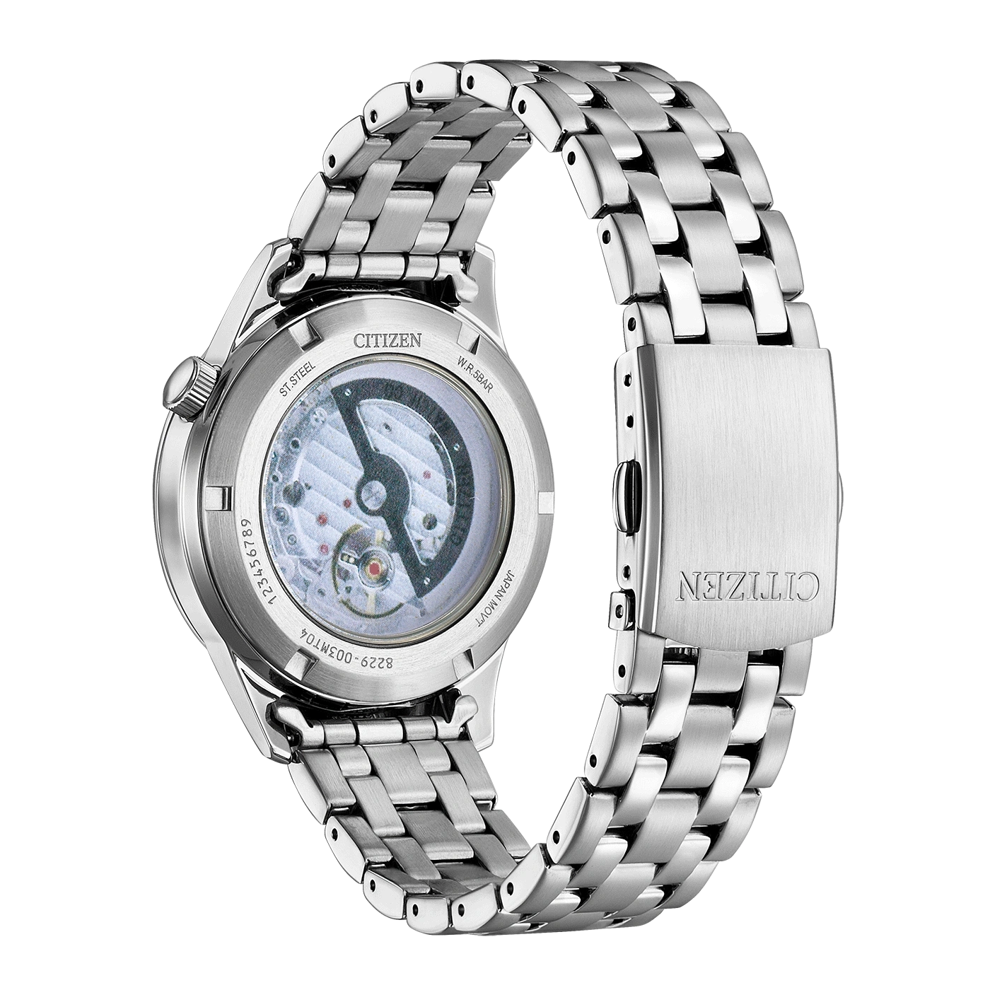 Citizen-Uhr, Rückseite, Edelstahl, sichtbares Uhrwerk, Armband, Nahaufnahme, Detail