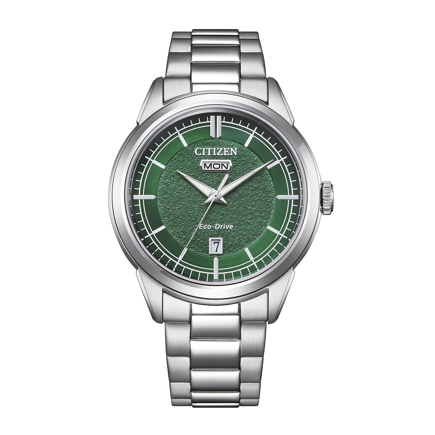 Eine grüne Citizen Eco-Drive Uhr mit silbernem Armband.