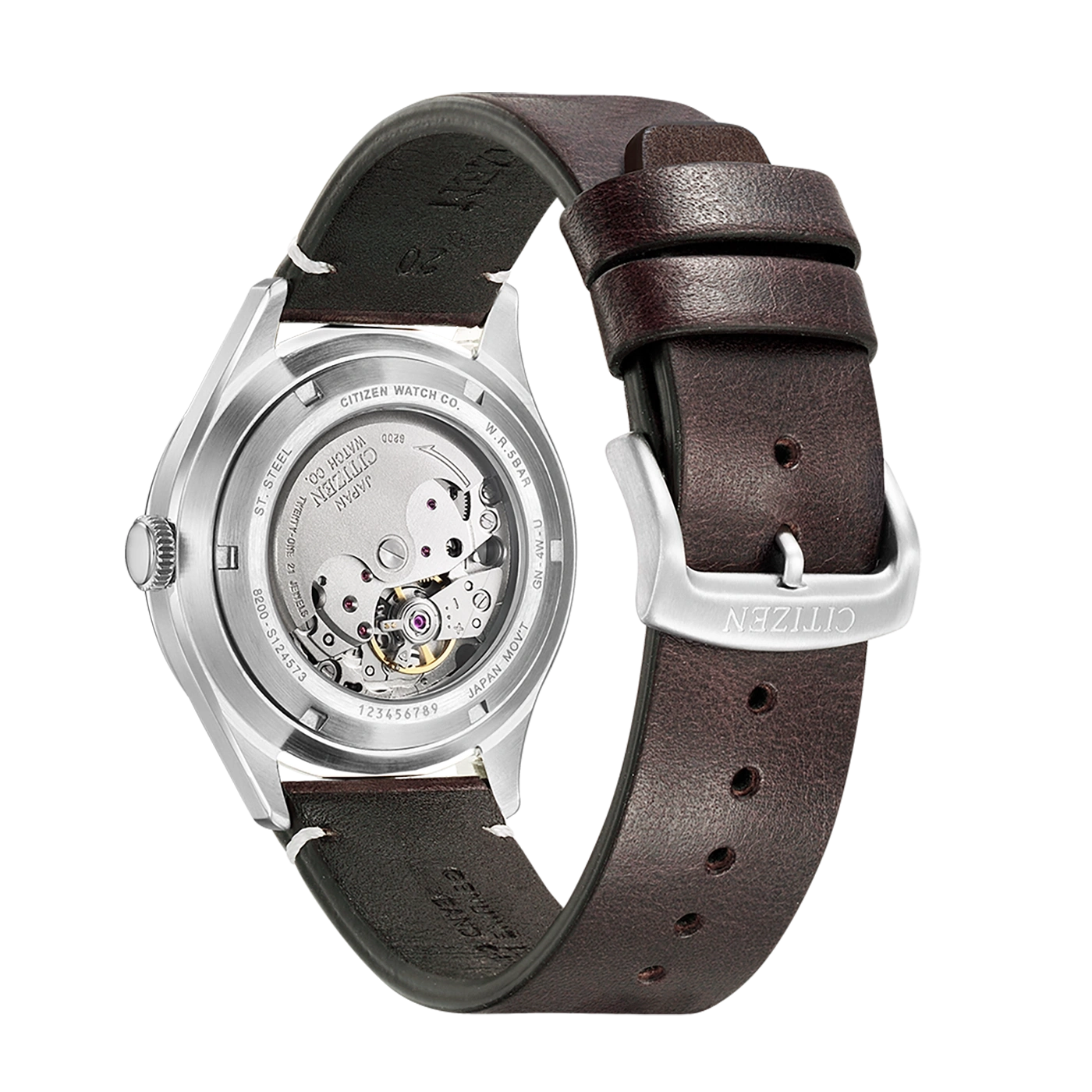 Citizen-Uhr, Rückseite mit Lederarmband, Mechanismus und Markendetails sichtbar.