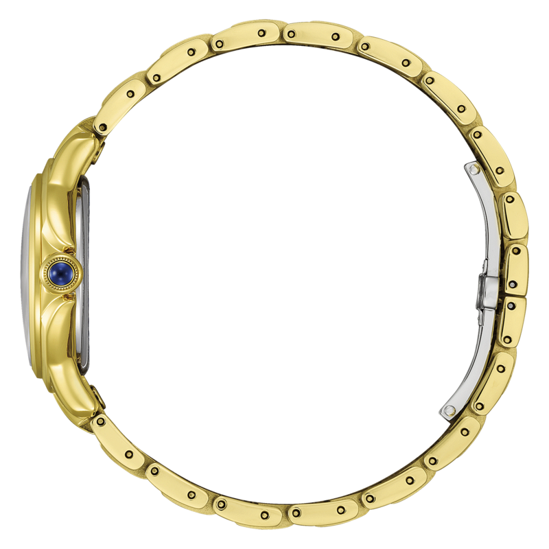 Goldene Uhr mit blauem Edelstein und offenem Verschluss auf grünem Hintergrund