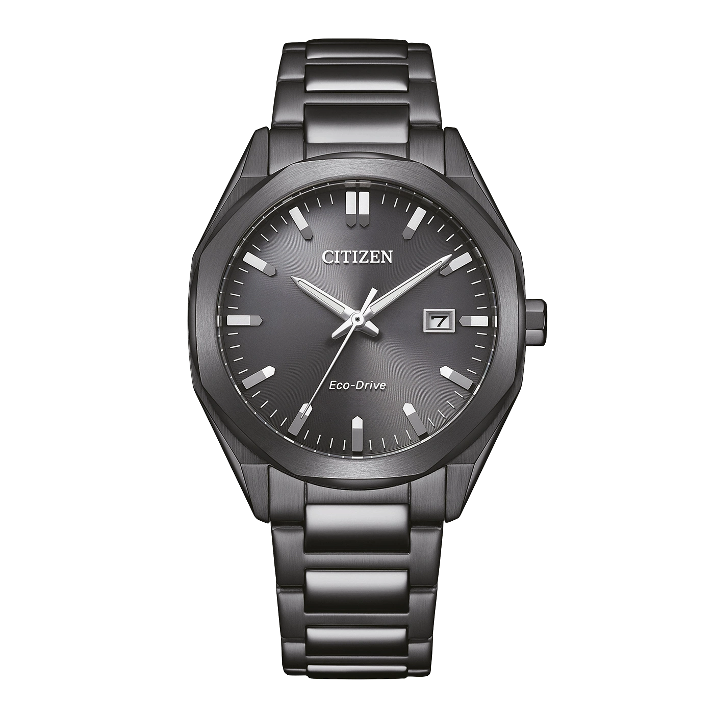 Eine dunkelgraue Citizen Eco-Drive Uhr mit Metallarmband.