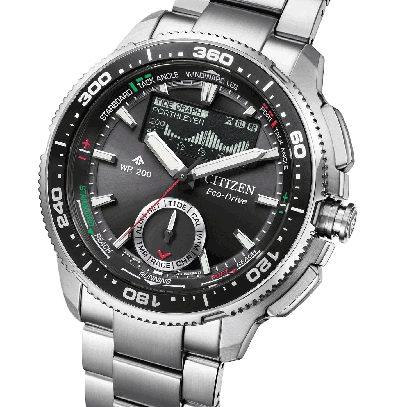 Nahaufnahme einer Citizen Eco-Drive-Uhr mit schwarzem Zifferblatt und silbernem Armband.