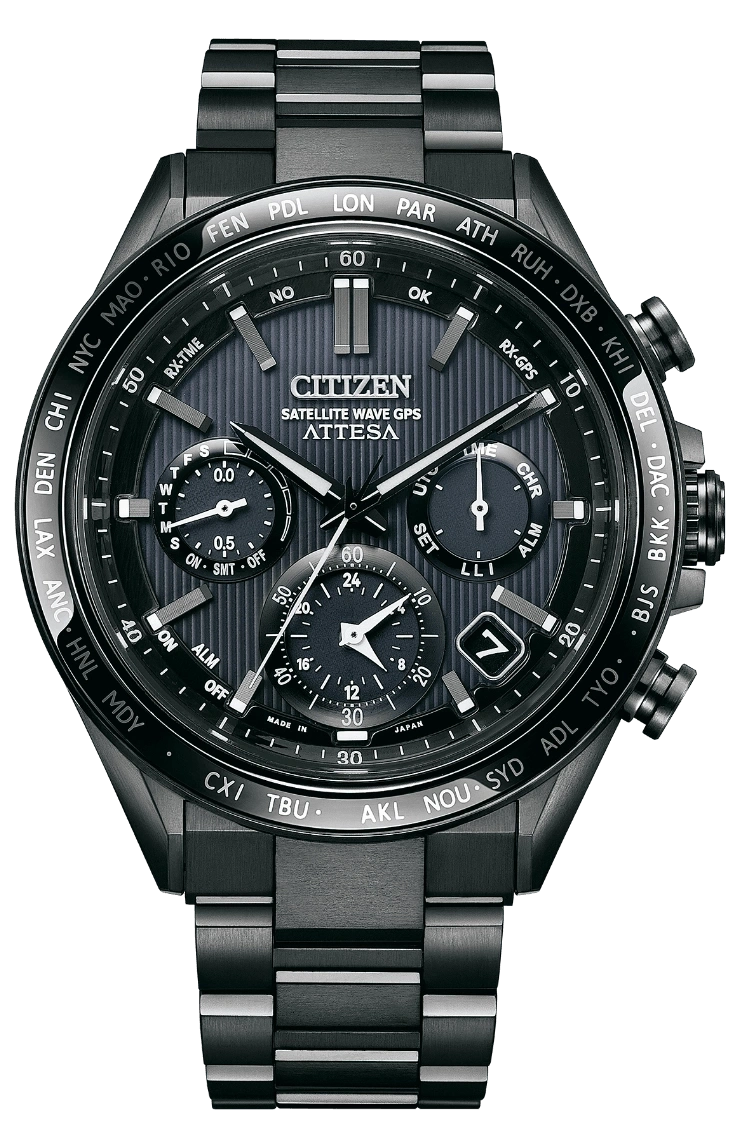 Schwarze Citizen Attesa Uhr mit mehreren Zifferblättern und Weltzeitanzeigen, ein stilvolles Accessoire.