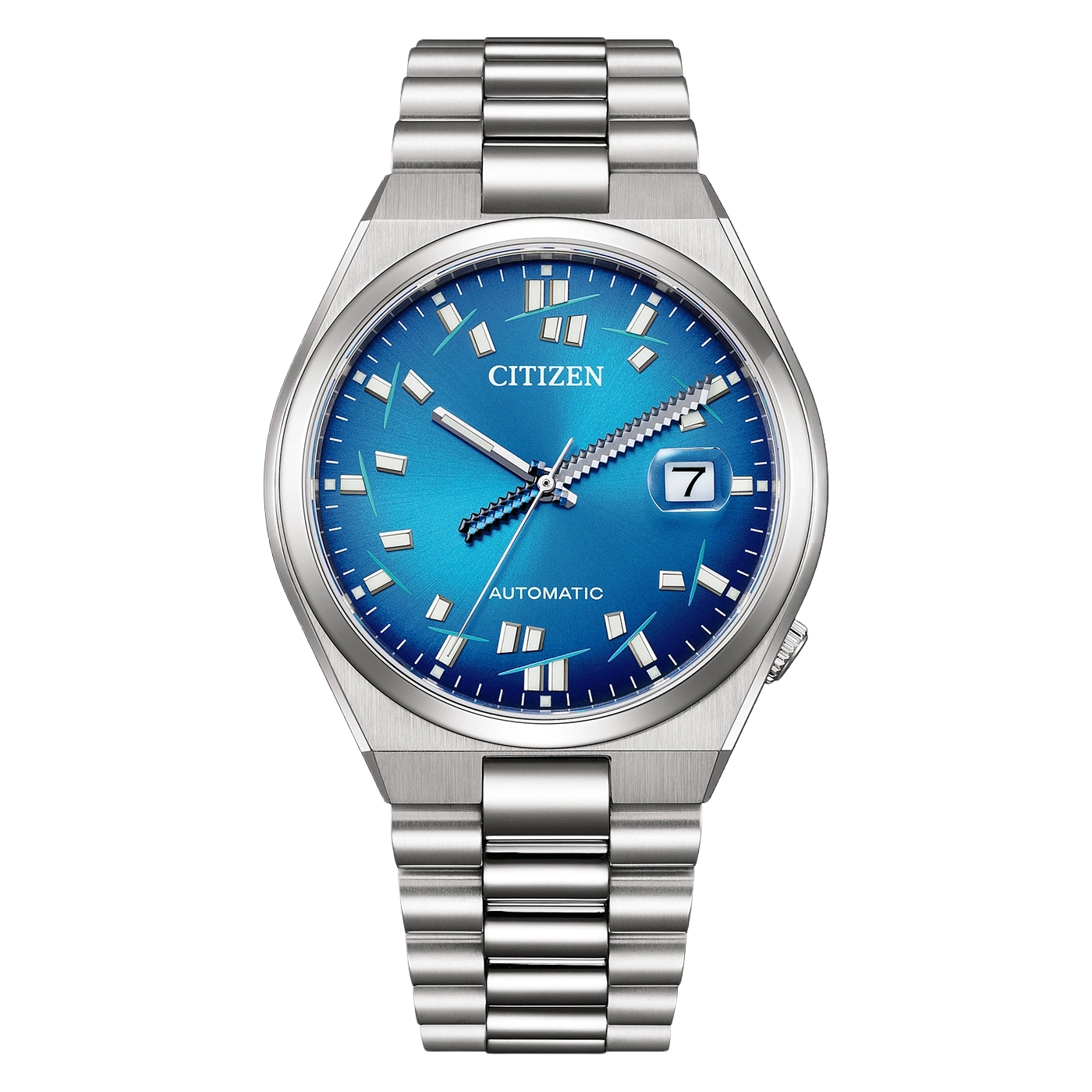 Eine blaue Citizen Automatik-Uhr mit Datumsfenster und Metallband.