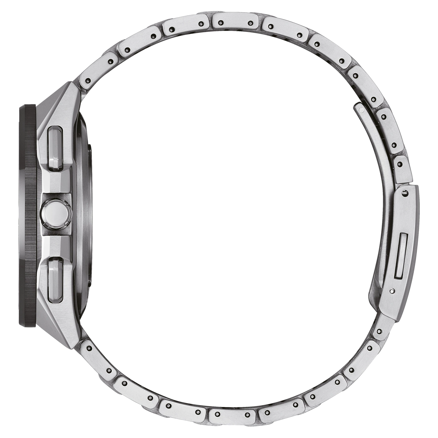 Seitenansicht einer silbernen Armbanduhr mit Metallband und rundem Zifferblatt.