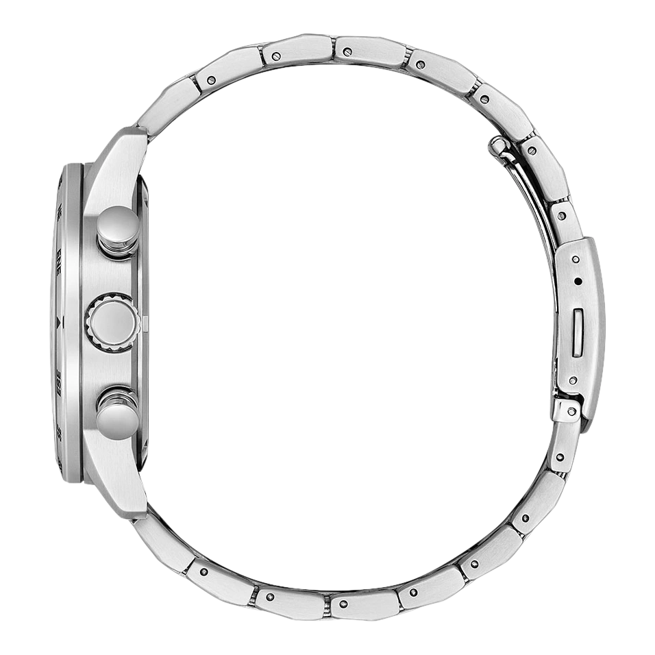 Seitenansicht einer silbernen Uhr mit Metallarmband und Knöpfen.