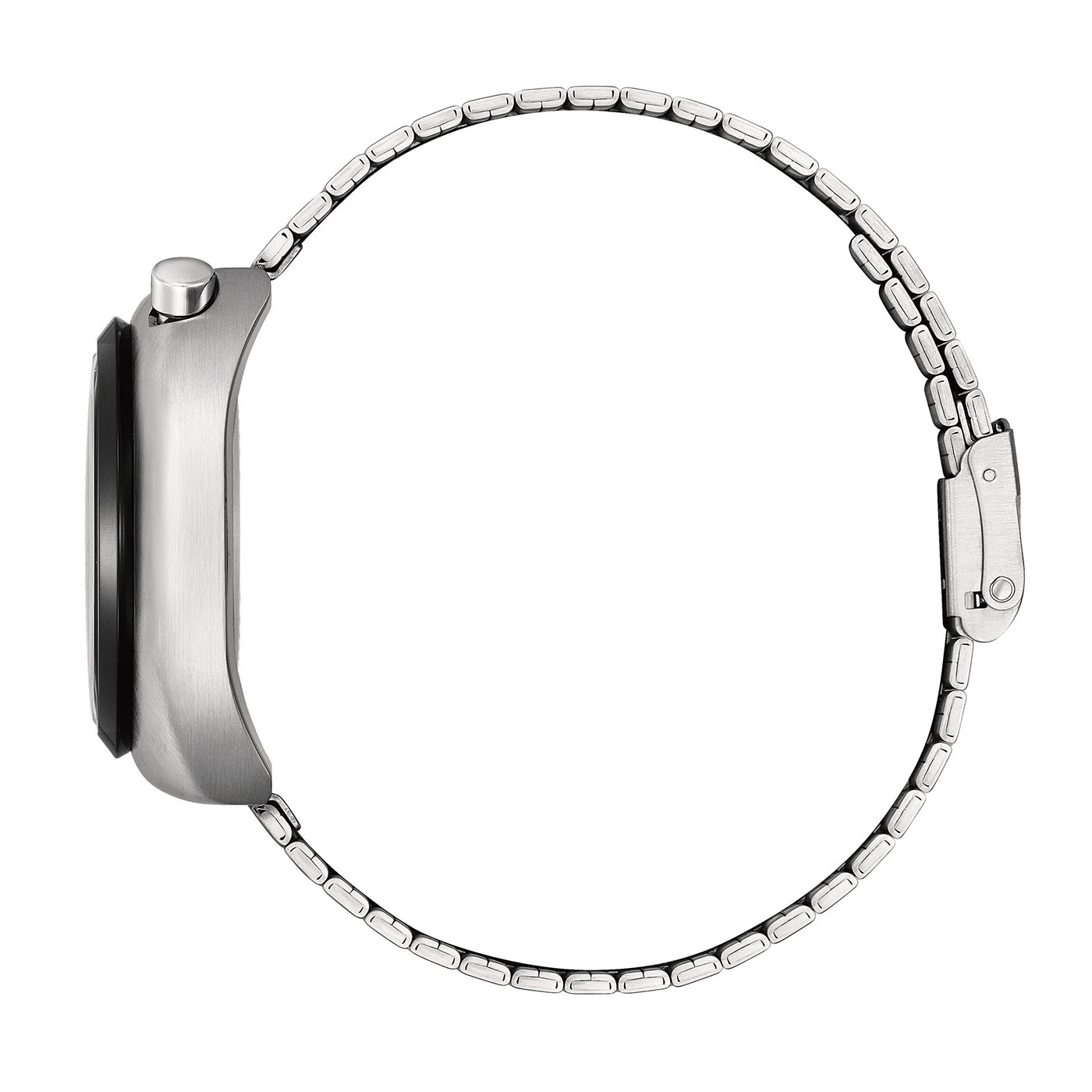 Seitenansicht einer silbernen Uhr mit Metallarmband.