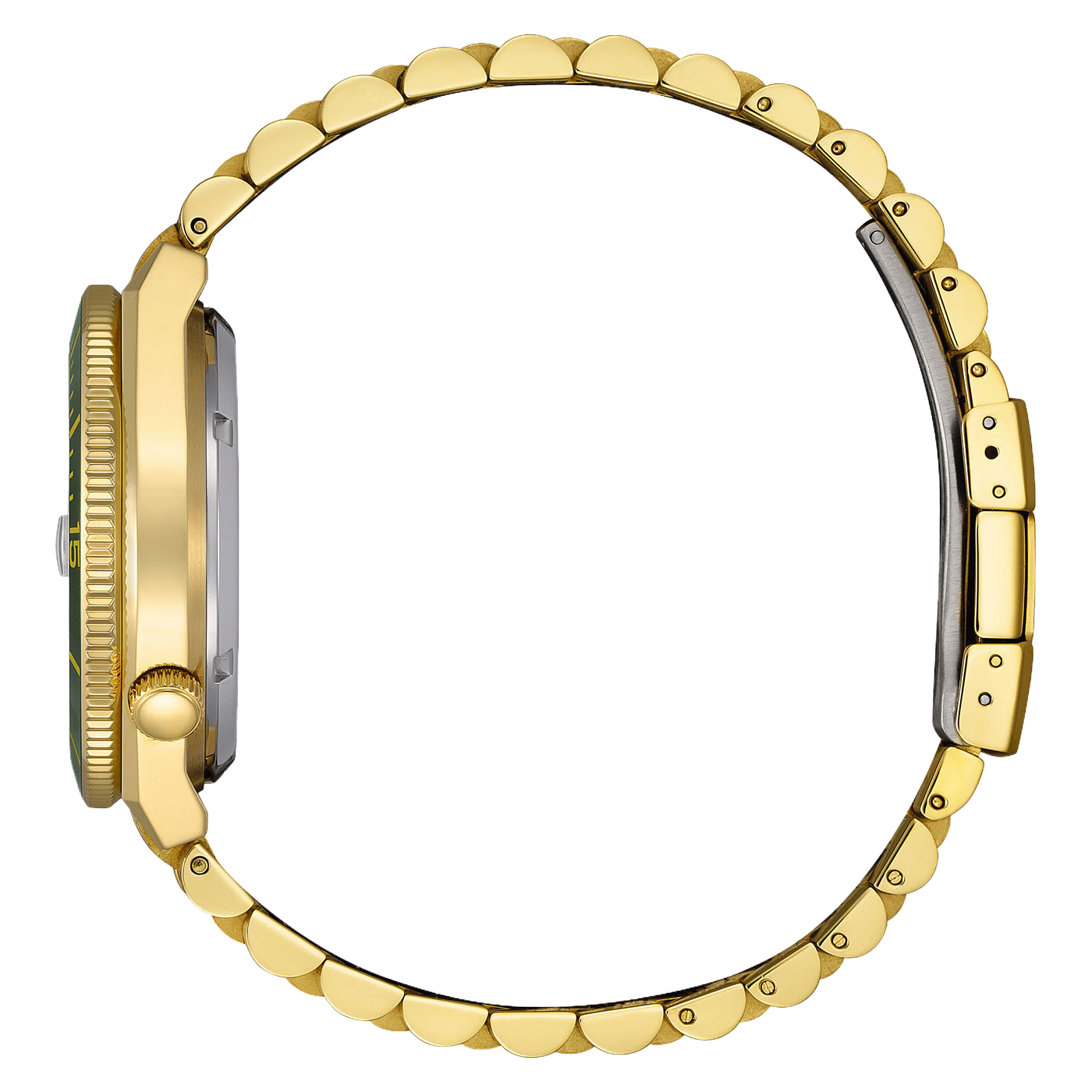 Eine goldene Uhr mit grüner Lünette und Metallarmband.