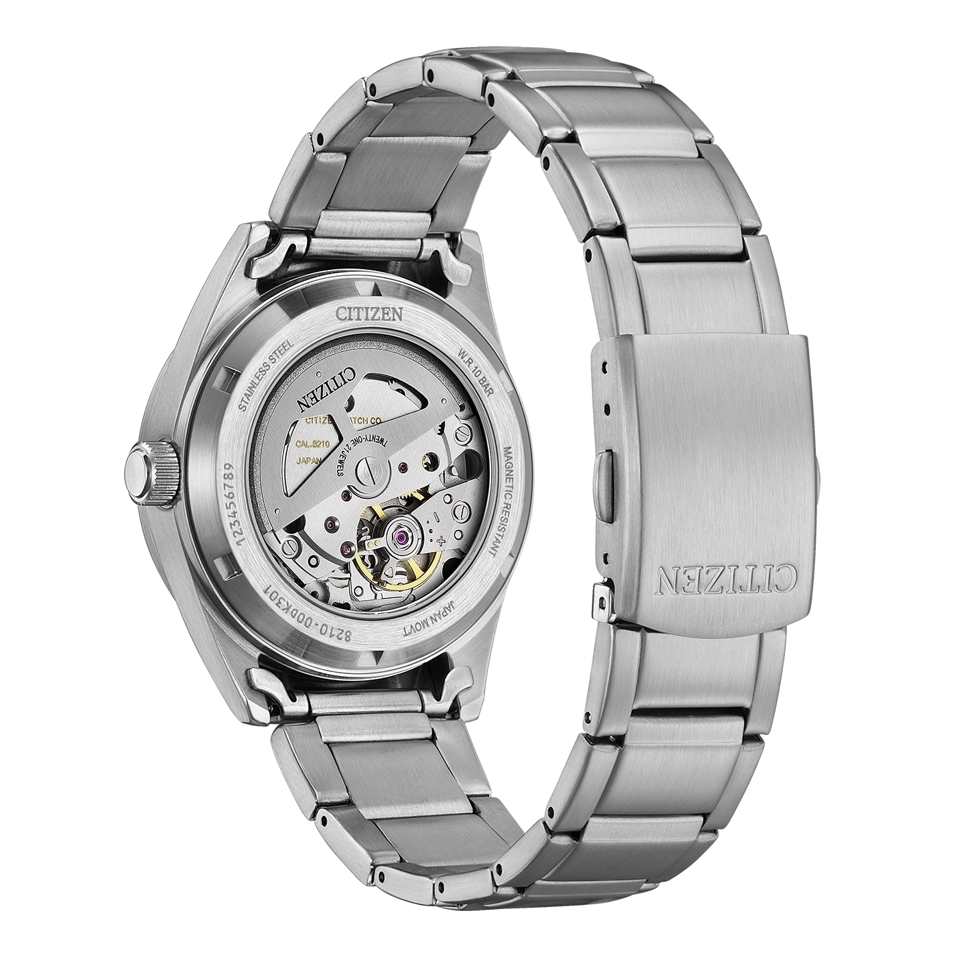 Rückansicht einer Citizen Automatik Uhr mit Edelstahlarmband und sichtbarem Uhrwerk.