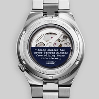 Rückseite einer Citizen-Uhr mit einem Zitat über Zeit.