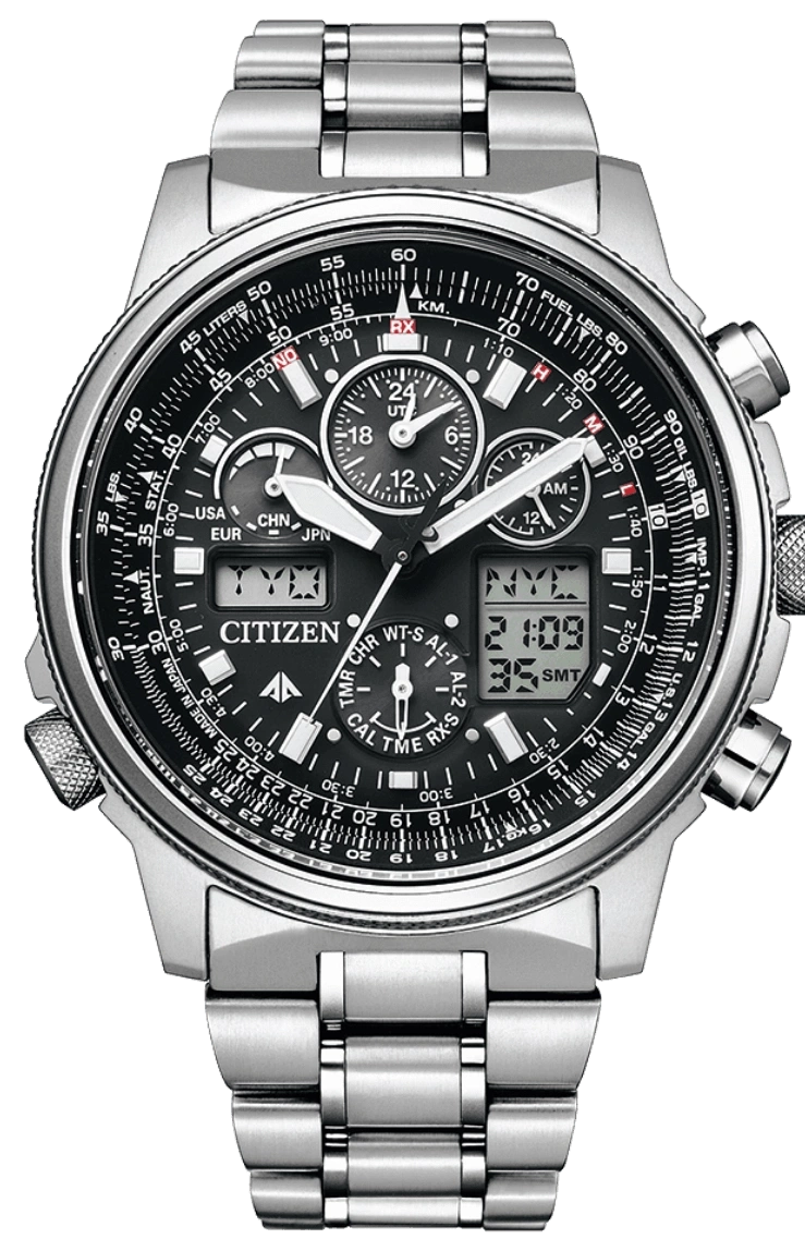 Citizen-Uhr mit schwarzem Zifferblatt, silbernem Armband und mehreren Zifferblättern für Zeitmessung und Luftfahrtfunktionen.