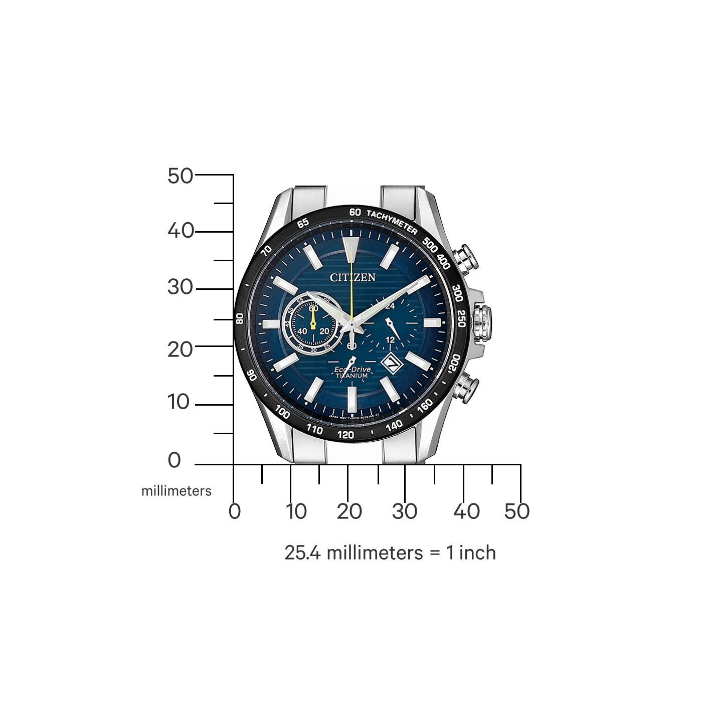 Citizen-Uhr mit blauem Zifferblatt, Tachymeter und Titan-Eco-Drive.